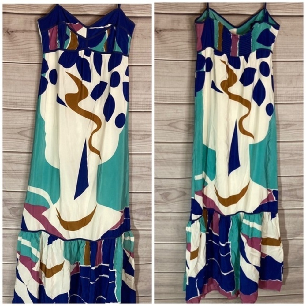 YUMI Kim 100% Silk Abstract Printed Ruffle Hem Maxi‎ Dress